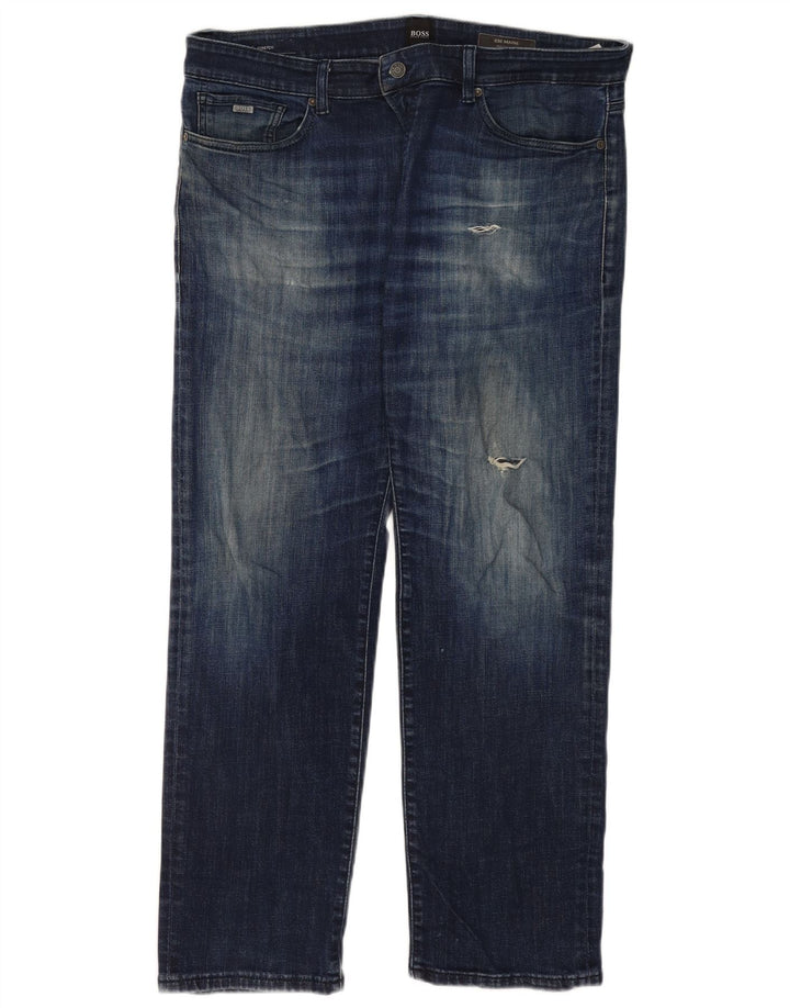 Jeans retos regulares femininos Hugo Boss W36 L32 algodão azul