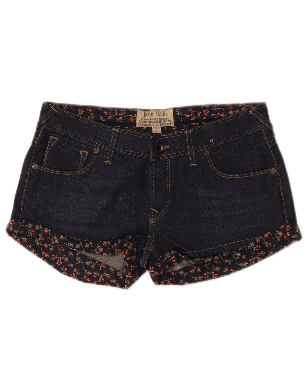 Shorts jeans feminino JACK WILLS Reino Unido 8 pequeno W28 azul marinho floral