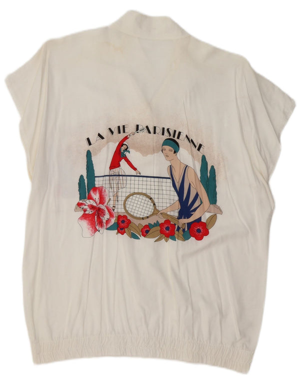 Blusa feminina vintage de manga curta com estampa gráfica Reino Unido 16 grande branca