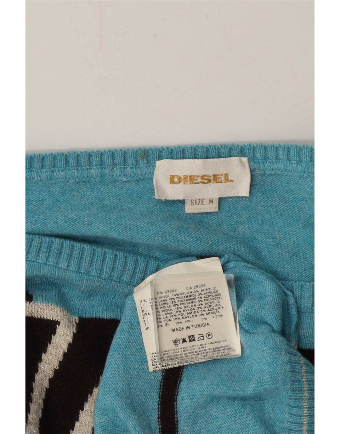 Suéter feminino Diesel com gola canoa e gola redonda UK 14 lã geométrica azul médio