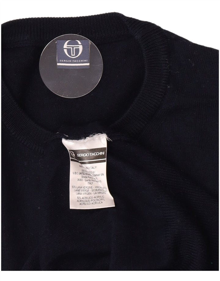 Suéter masculino Sergio Tacchini com gola redonda, lã virgem azul marinho médio