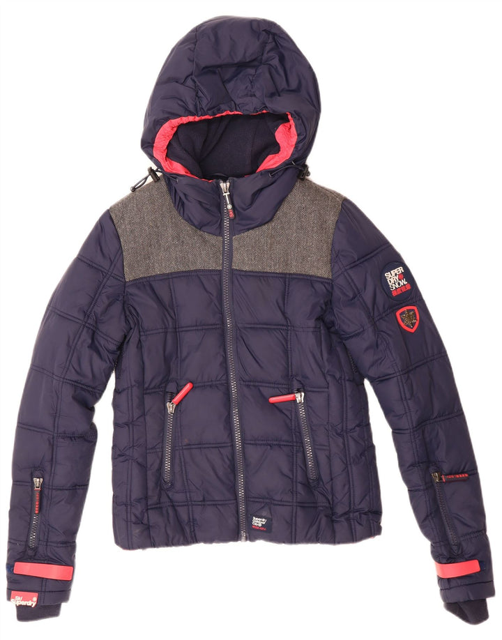 Jaqueta de esqui superdimensionada com capuz feminino Superdry UK 6 XS azul marinho poliéster
