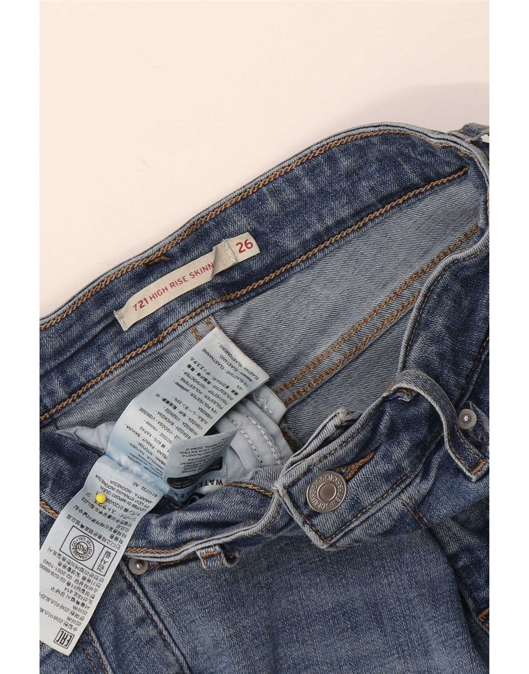 Shorts jeans feminino Levi's 721 cintura alta W26 pequeno algodão azul