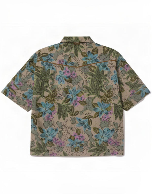 Camisa havaiana feminina vintage de manga curta Reino Unido 16 grande floral verde
