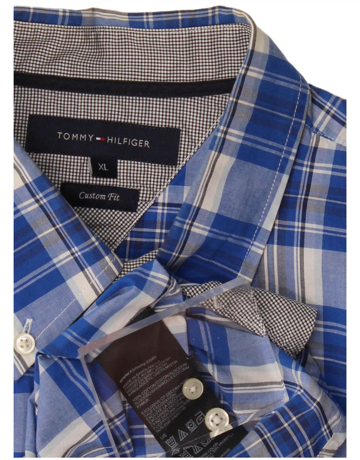 Camisa masculina TOMMY HILFIGER de manga curta com ajuste personalizado XL azul xadrez de algodão