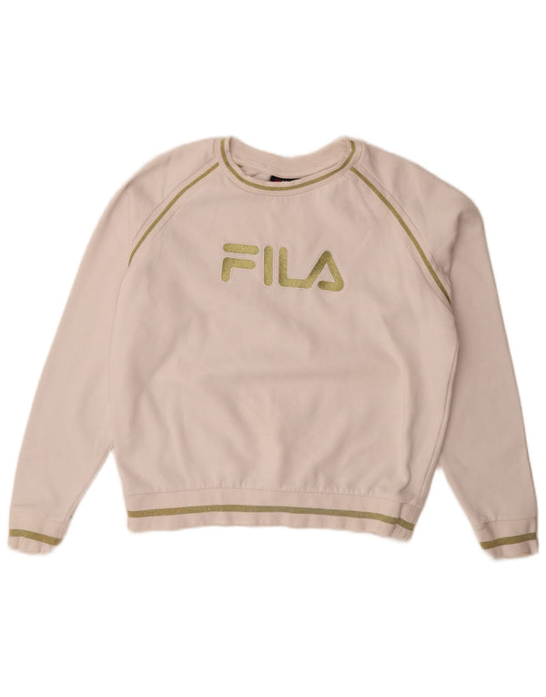Fila moletom feminino gráfico oversized jumper UK 10 pequeno algodão branco