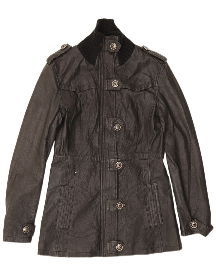 Jaqueta de couro militar feminina Variety UK 14 couro preto médio