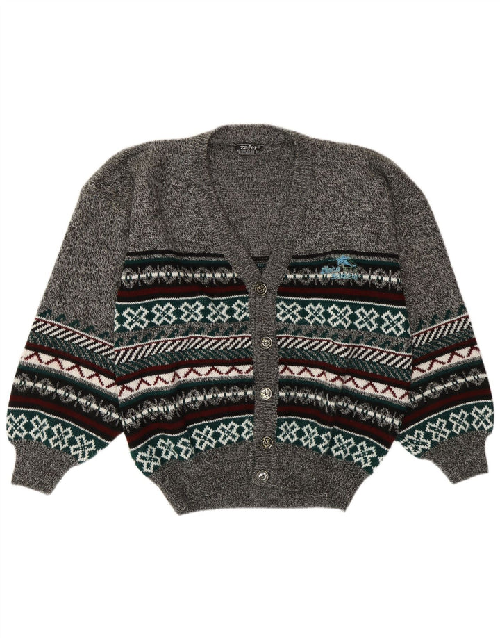 Suéter cardigã masculino vintage grande cinza Fair Isle