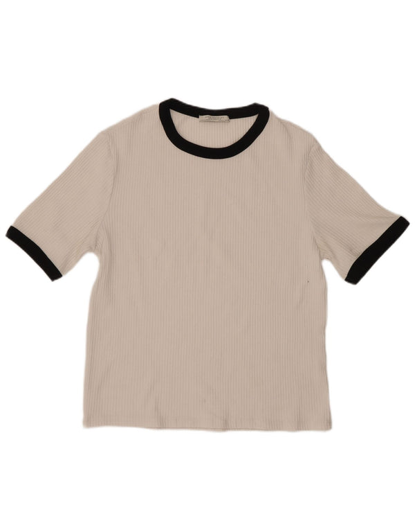 Camiseta feminina Zara Trafaluc Top UK 14 grande bloco colorido branco