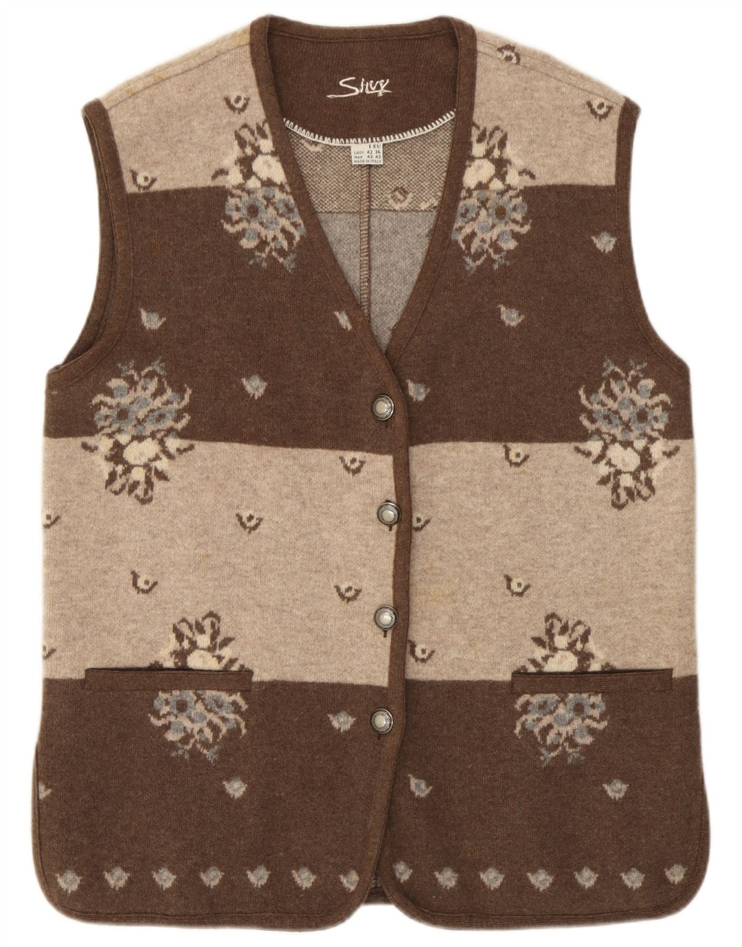 Suéter cardigã feminino Silvy sem mangas IT 42 lã floral marrom médio
