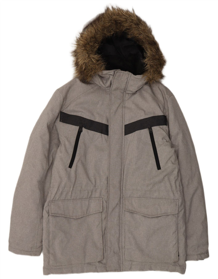 Jaqueta masculina acolchoada com capuz Jack & Jones Reino Unido 40 grande bloco colorido cinza