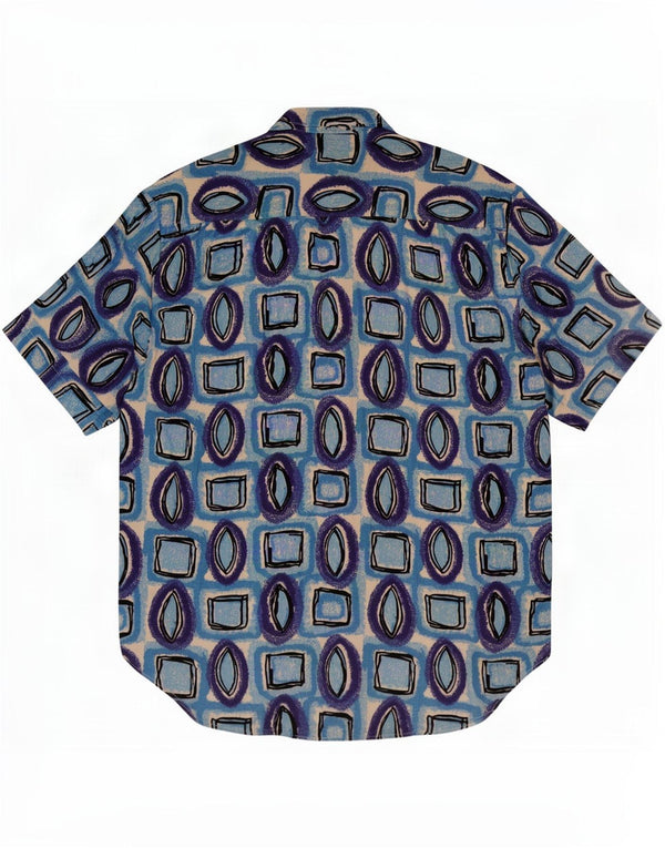 Camisa masculina vintage de manga curta viscose geométrica azul média