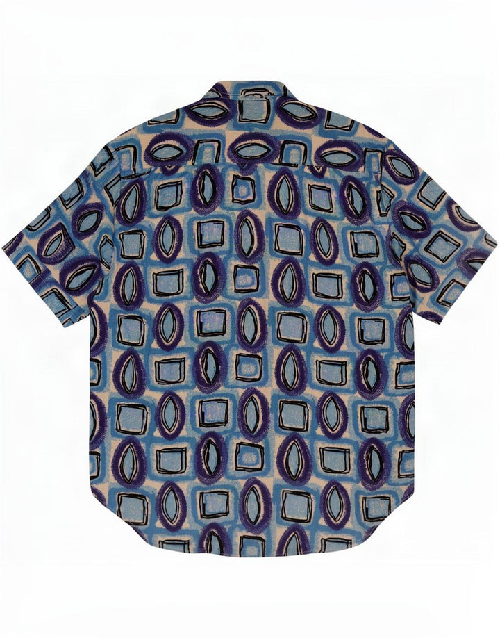 Camisa masculina vintage de manga curta viscose geométrica azul média
