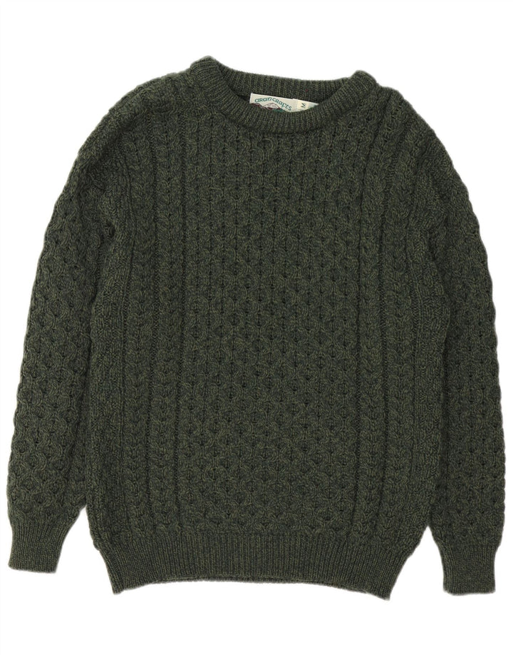 Suéter masculino Aran Crafts com gola canoa, lã merino verde médio