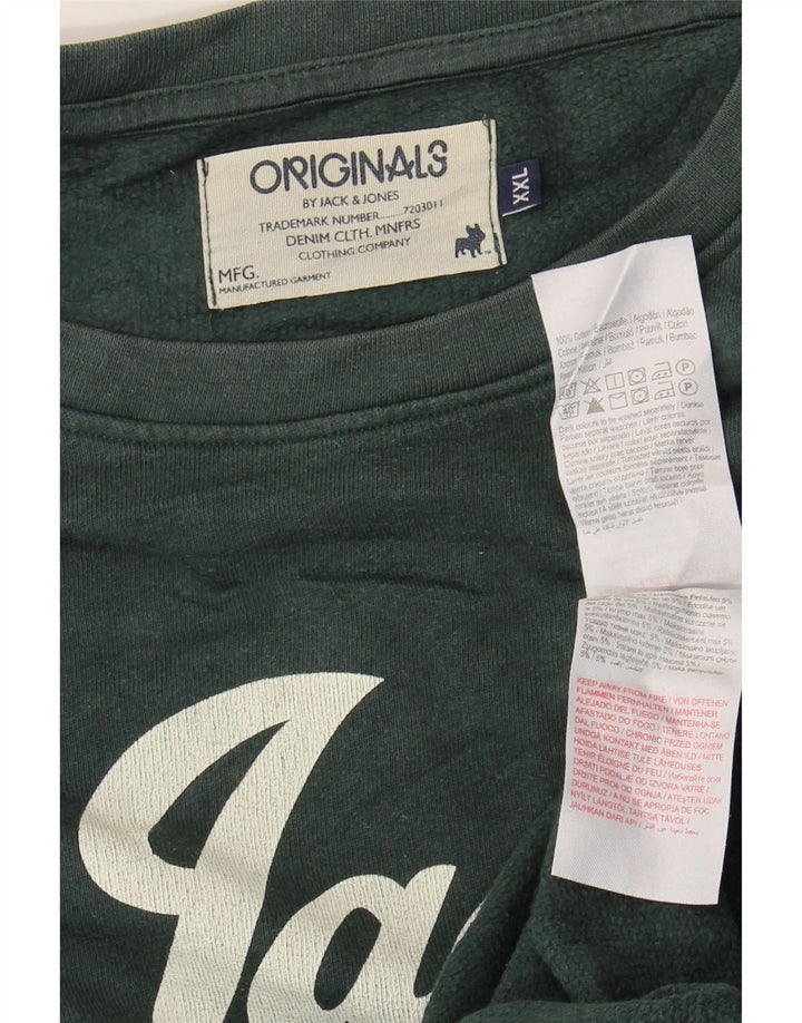 JACK & JONES Mens Graphic Sweatshirt Jumper 2XL Green Cotton Vintage Jack & Jones and Second-Hand Jack & Jones from Messina Hembry 