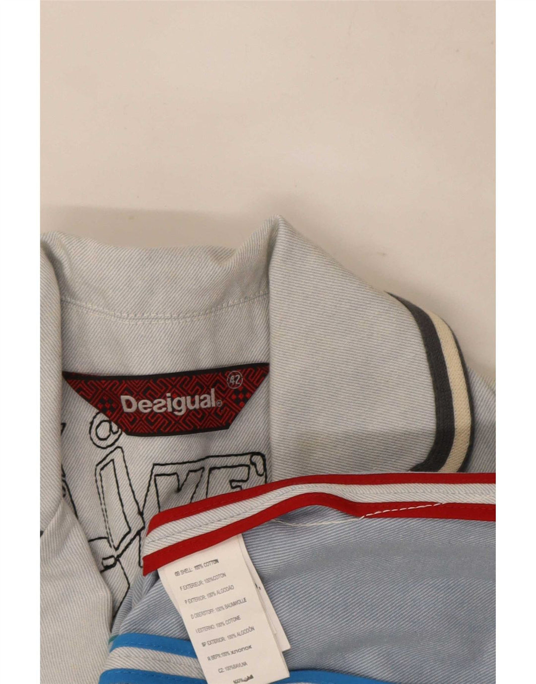 Desigual Jaqueta blazer feminina gráfica de 3 botões UE 42 grande algodão azul