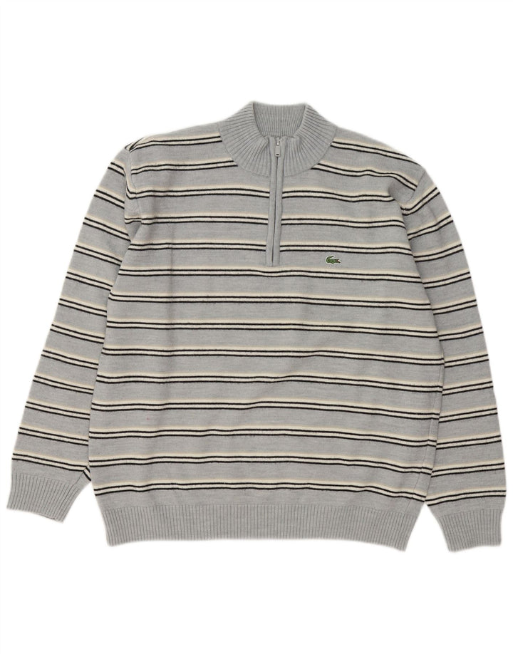 Suéter masculino Lacoste com zíper e pescoço tamanho 5 grande lã listrada azul