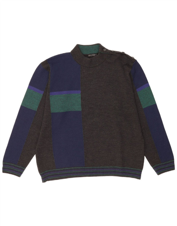 Suéter vintage masculino com gola tartaruga IT 52 grande lã colorblock cinza