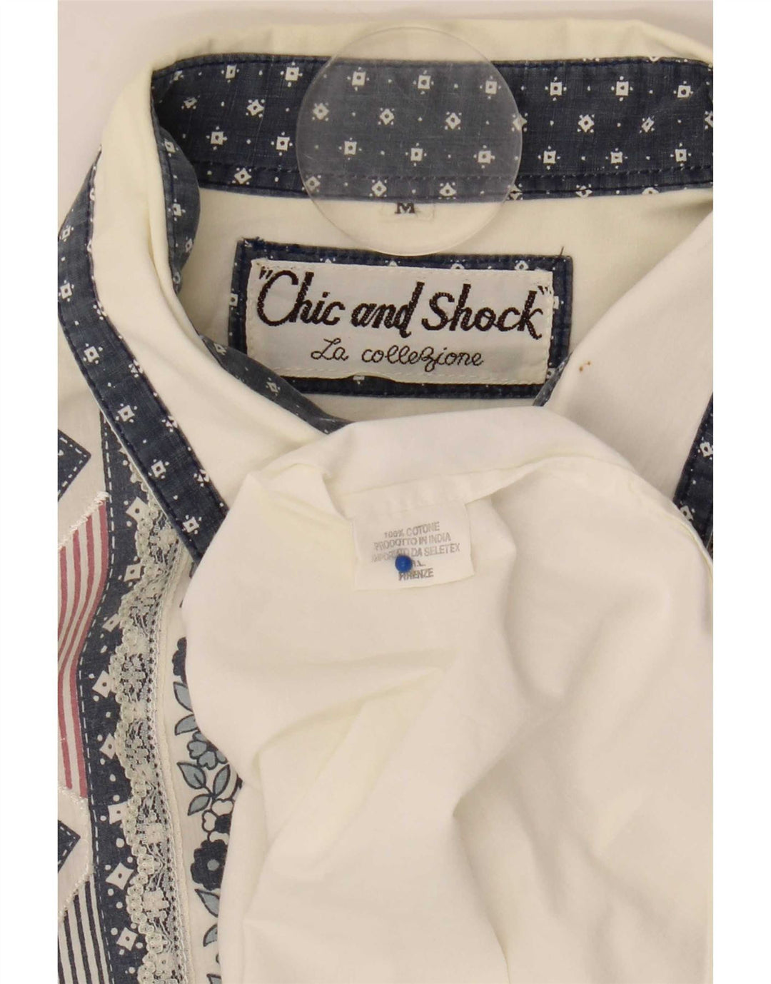 Blusa feminina vintage de grandes dimensões Reino Unido 14 algodão geométrico branco médio