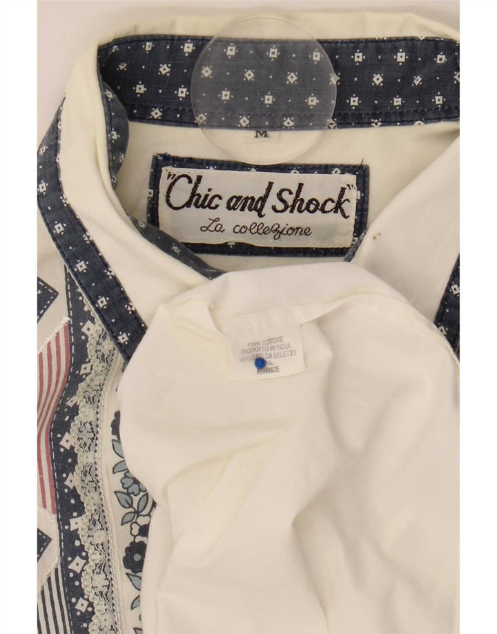 Blusa feminina vintage de grandes dimensões Reino Unido 14 algodão geométrico branco médio