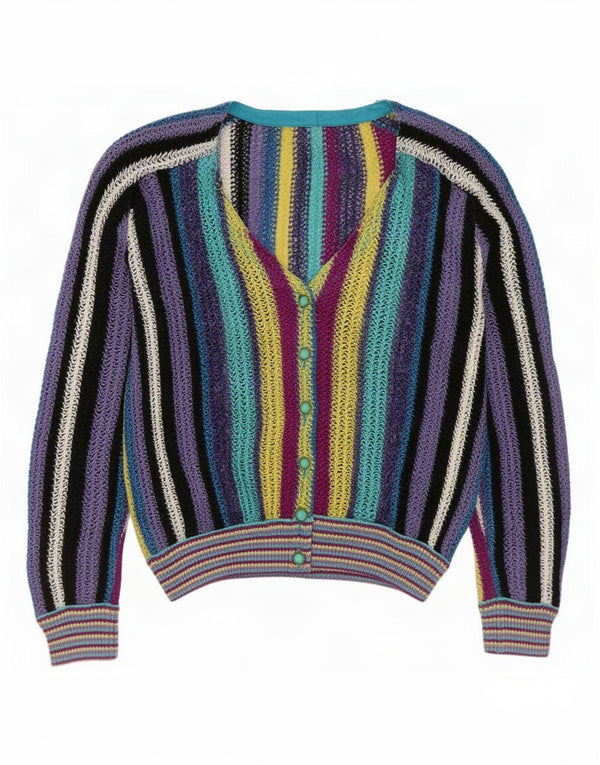 Suéter cardigã feminino vintage UK 16 grande listrado multicolorido