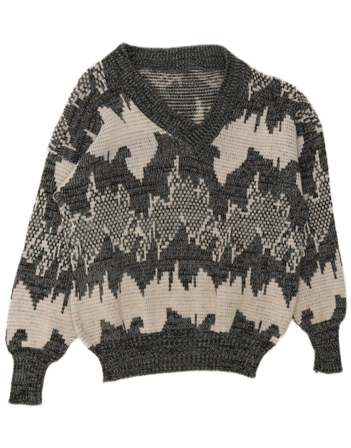 Suéter masculino vintage com padrão abstrato com decote em V cinza médio geométrico