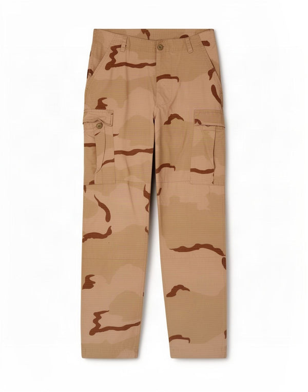 Calças cargo retas masculinas vintage pequenas W30 L30 camuflagem bege