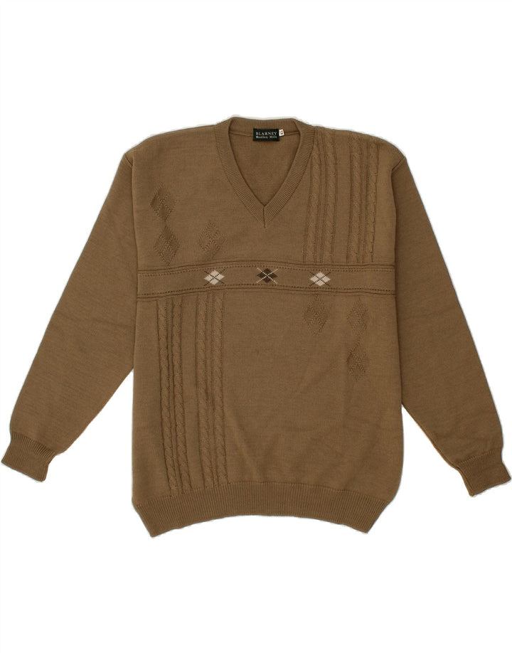 BLARNEY WOOLEN MILLS Mens V-Neck Jumper Sweater XL Beige Argyle/Diamond Vintage Blarney Woolen Mills and Second-Hand Blarney Woolen Mills from Messina Hembry 