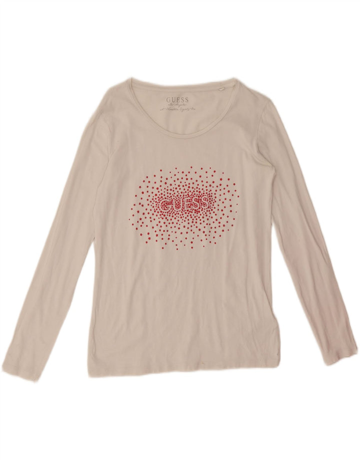 Top gráfico feminino Guess manga comprida Reino Unido 14 grande algodão branco