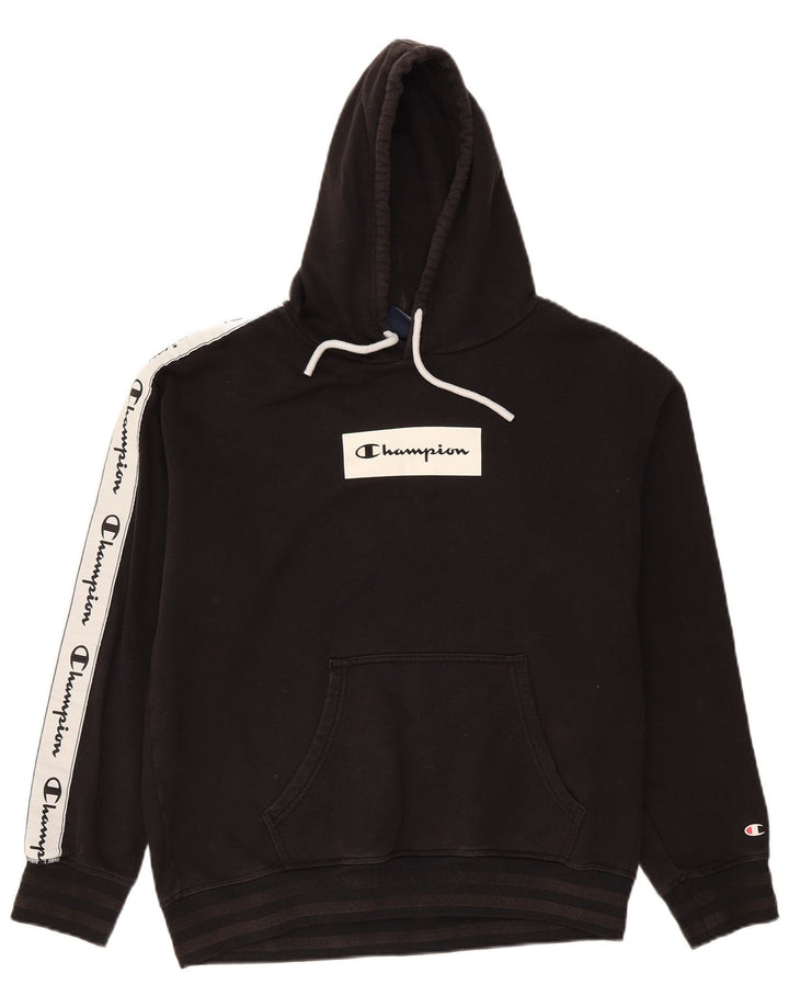 CHAMPION Suéter masculino com capuz gráfico médio preto de algodão colorido
