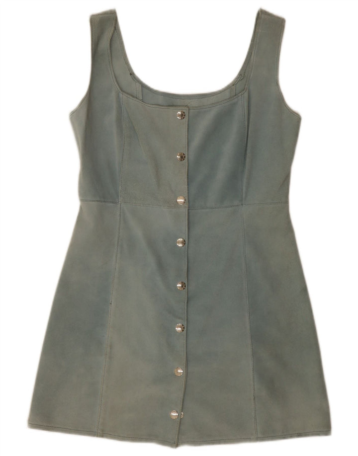 Túnica feminina vintage de camurça sem mangas Reino Unido 12 couro azul médio