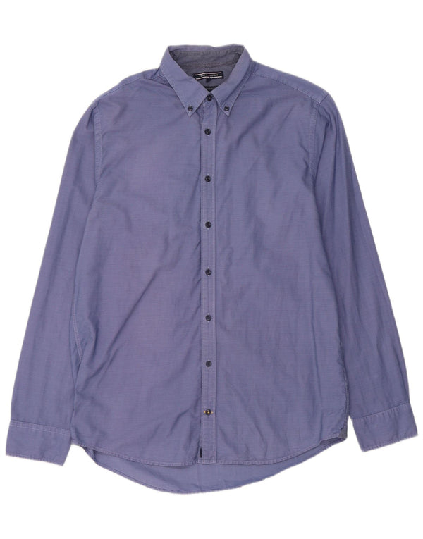 Tommy Hilfiger Camisa masculina New York Fit grande algodão listrado azul