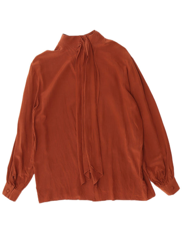 Blusa feminina vintage de manga comprida com gravata frontal Reino Unido 16 grande marrom