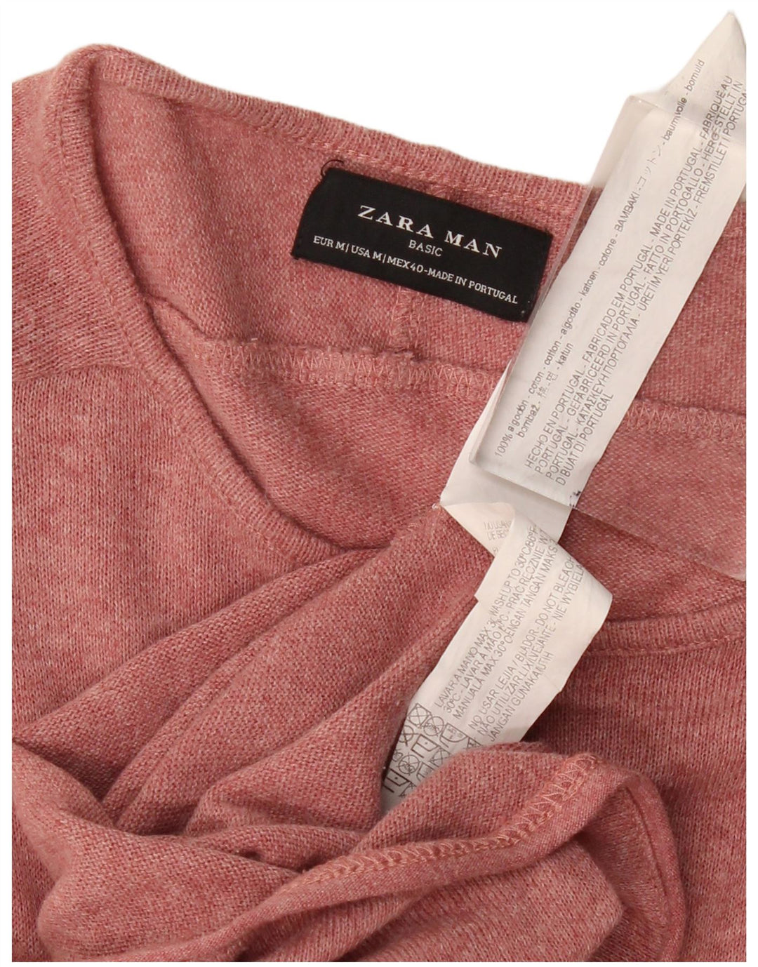 ZARA Top masculino de manga comprida de algodão rosa médio