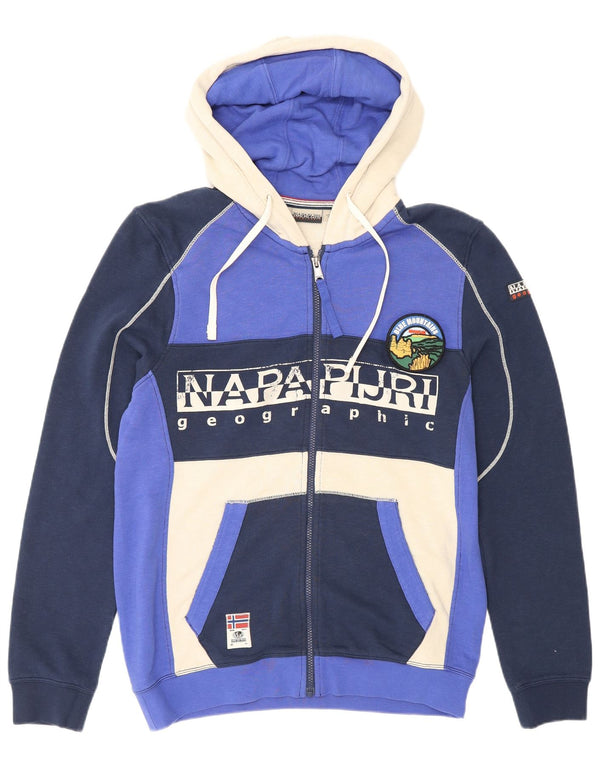 Suéter masculino com capuz e zíper geográfico Napapijri bloco colorido azul médio