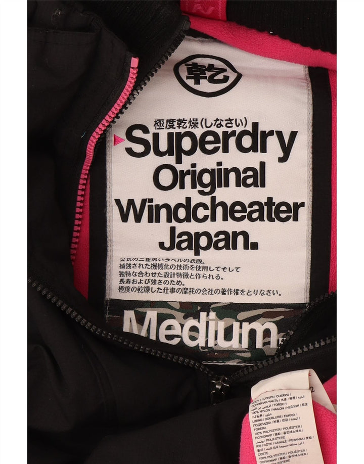 Jaqueta corta-vento feminina Superdry com capuz gráfico Reino Unido 14 médio preto nylon