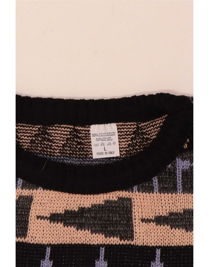 Suéter vintage masculino com gola redonda, grande acrílico geométrico multicolorido