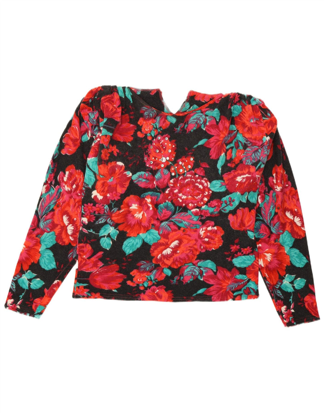 Suéter feminino vintage com gola redonda UK 12 médio floral multicolorido