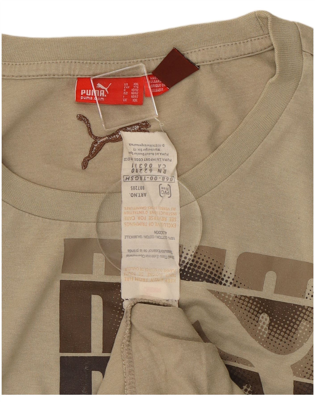 Puma Mens Graphic Top Manga Longa 2XL Algodão Bege