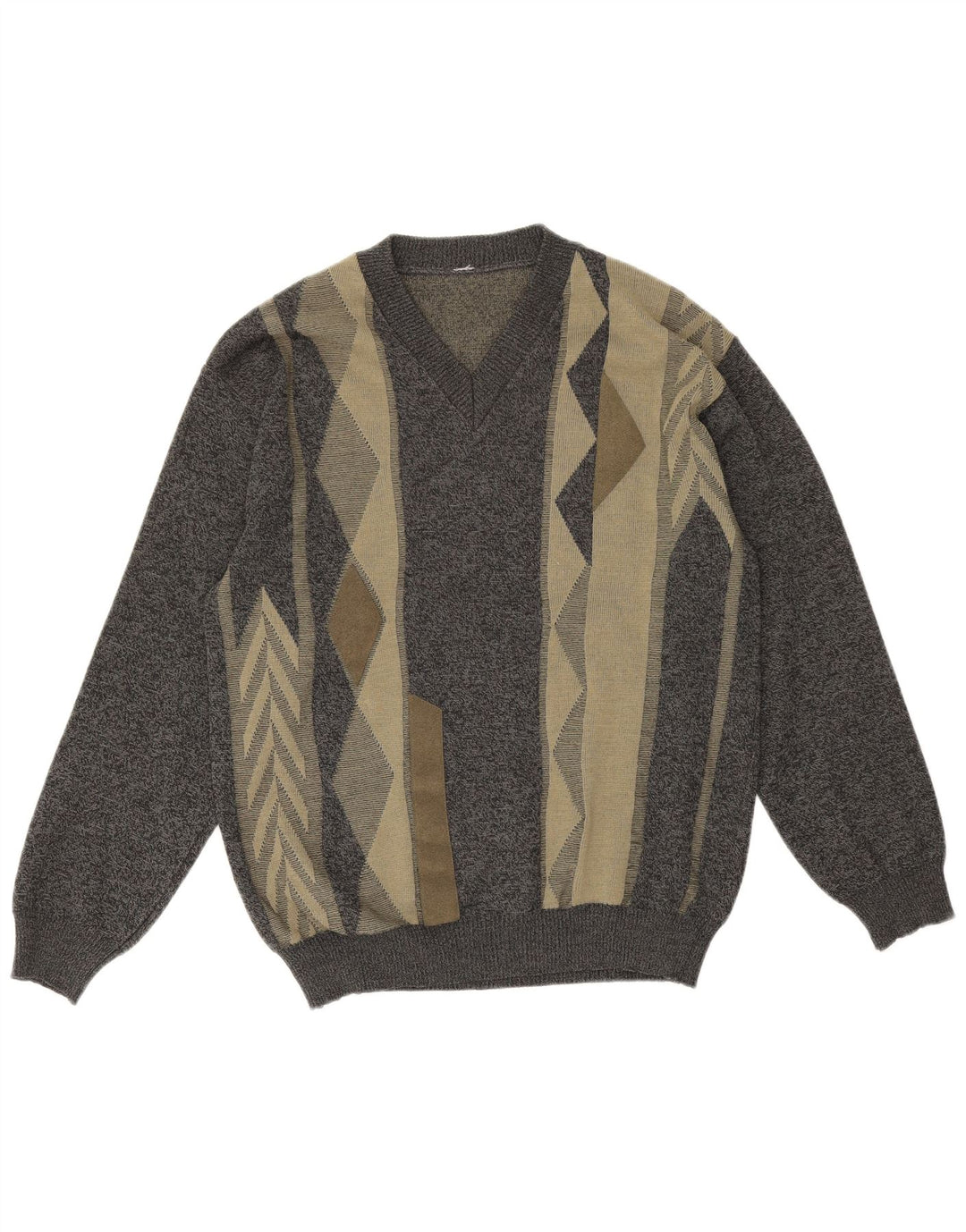 Suéter vintage masculino com decote em V, lã merino geométrica cinza médio