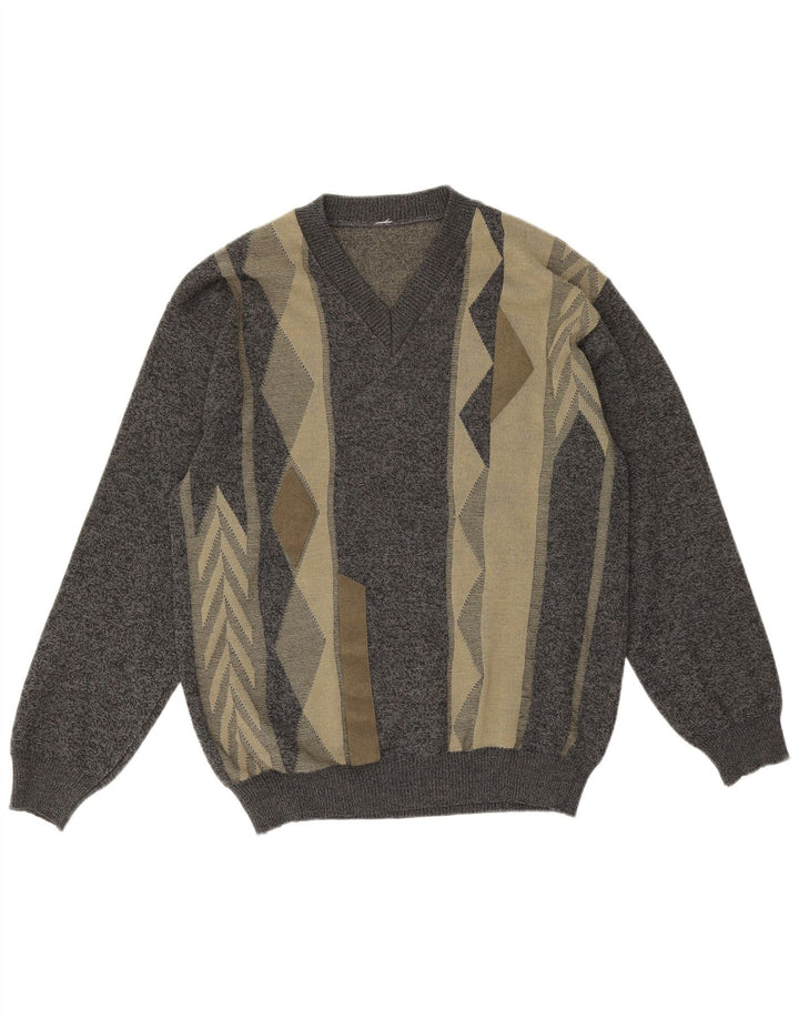 Suéter vintage masculino com decote em V, lã merino geométrica cinza médio