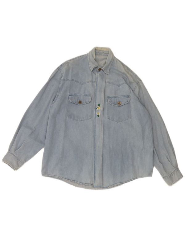 Camisa jeans masculina vintage grande algodão floral azul