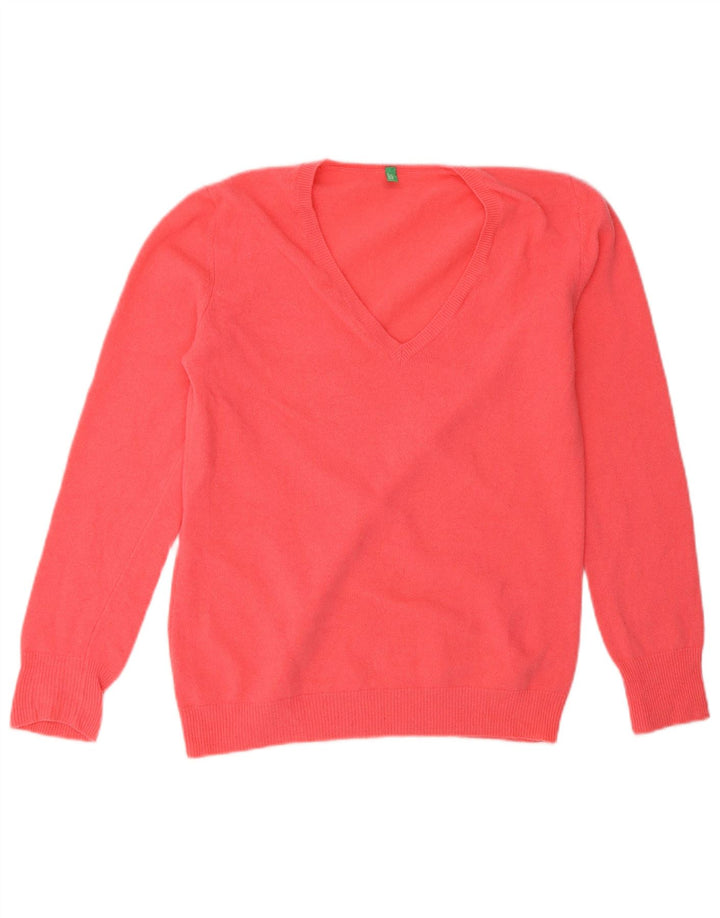 Suéter feminino Benetton com decote em V UK 12 rosa médio