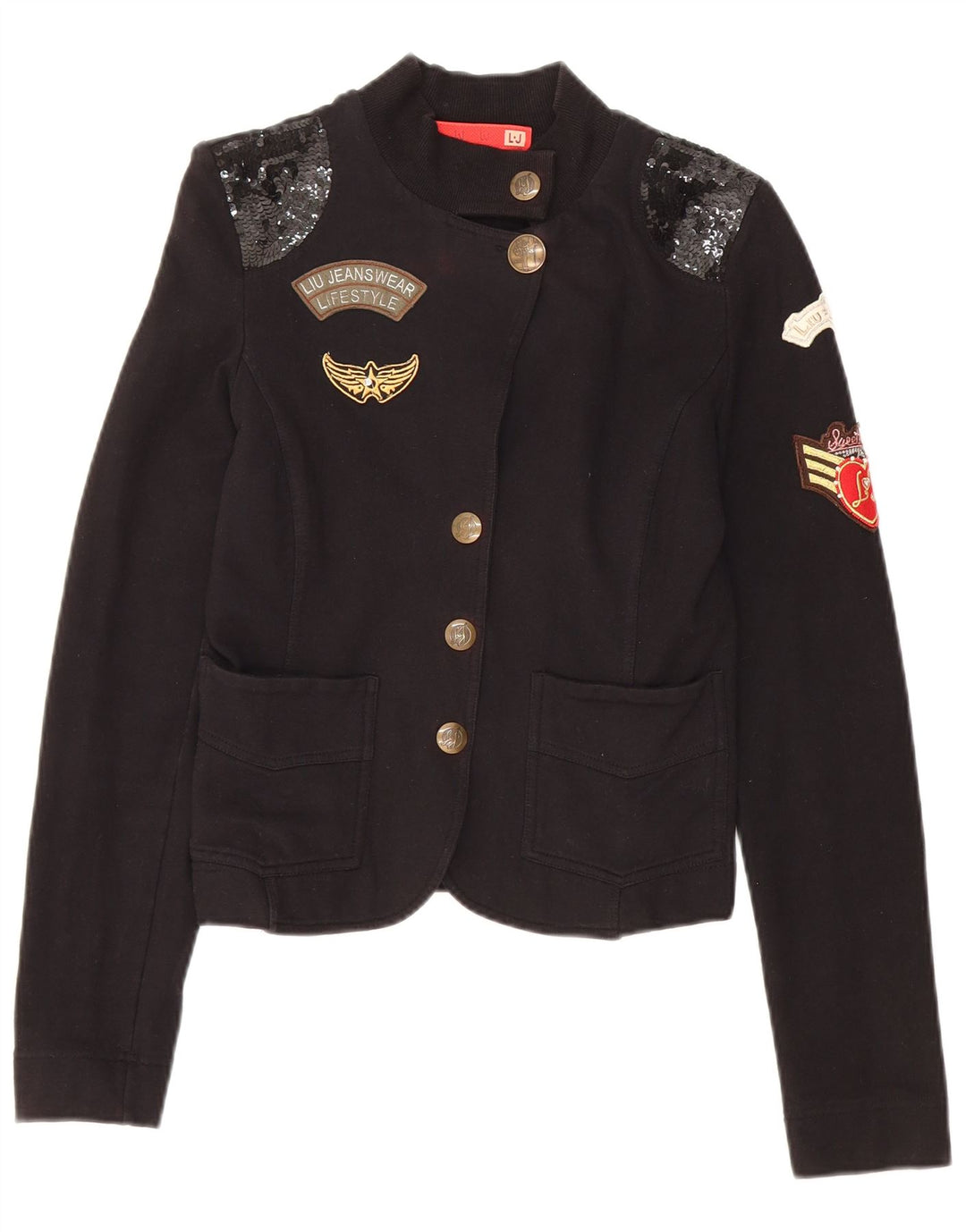 Jaqueta blazer feminina LIU JO com estampa gráfica de 4 botões Reino Unido 6 XS algodão preto