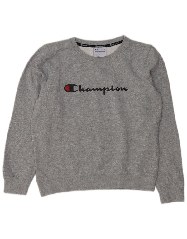 Champion feminino gráfico moletom jumper UK 10 pequeno cinza manchado