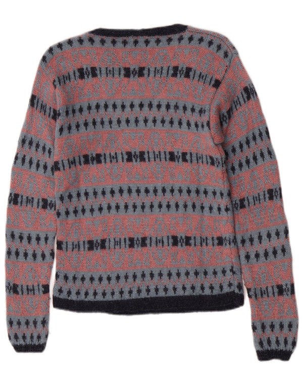 Suéter feminino vintage com gola redonda UK 4 XS rosa Fair Isle retrô