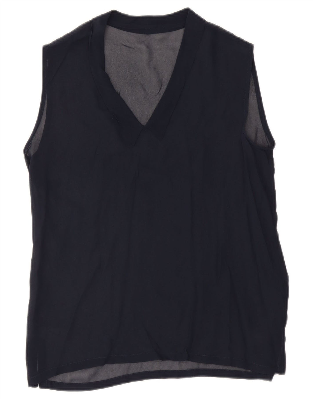 Blusa feminina vintage sem mangas UK 12 azul marinho médio