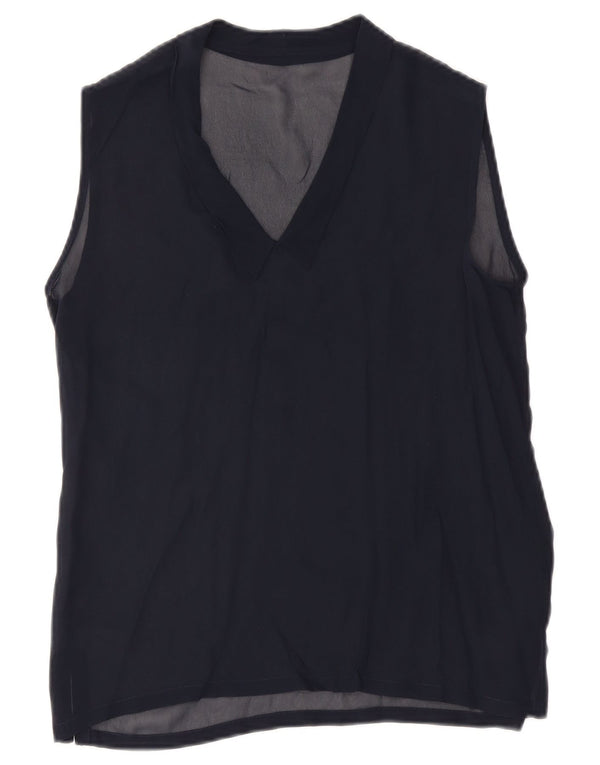 Blusa feminina vintage sem mangas UK 12 azul marinho médio