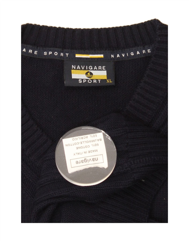 NAVIGARE Mens V-Neck Jumper Sweater XL Navy Blue Cotton Vintage Navigare and Second-Hand Navigare from Messina Hembry 