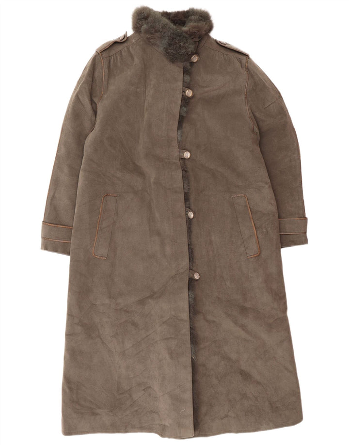 Casaco feminino vintage de shearling militar UK 12 cinza médio